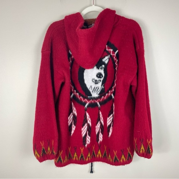 Ruminahui Wool Full Zip Sweater Mens Dream Catcher Long Sleeve Wolf Jacket Red - Picture 2 of 10